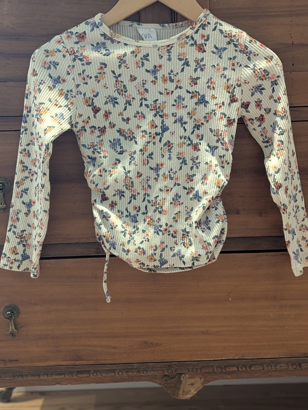 Zara Cream Ribbed Long-Sleeve Top with Pink Orange and Blue Floral Print